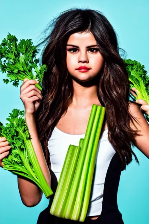 Prompt: selena gomez made out of celery, a human face with celery for hair, a bunch of celery sitting on a cutting board, professional food photography