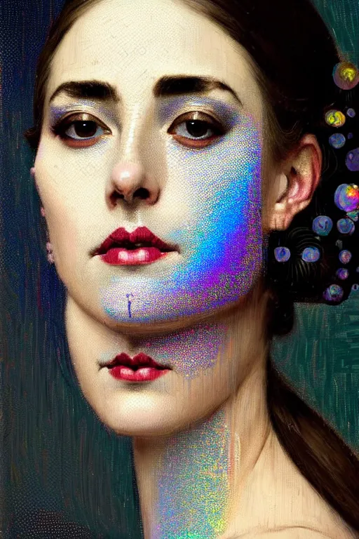 Image similar to allover painting face portrait of elegantly beautiful, sophisticated victoria exhalted queen of advanced mathematics, iridescent corvus, intricate automatism, baroque, batik, ben - day dots by, norman rockwell, range murata jeremy lipking, trending on pinterest, stunning 8 k, sharp depth of field, pristine global illumination, circuit bent synthesis.