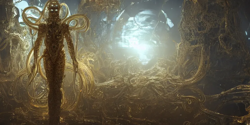 Prompt: a photo of 8k ultra realistic corrupted lovecraftian golden humanoid cyber queen standing next to a spaceship window, 8 intricate white and gold tentacles, ornate white and gold armour, cinematic lighting, trending on artstation, 4k, hyperrealistic, focused, high details, unreal engine 5, cinematic, masterpiece