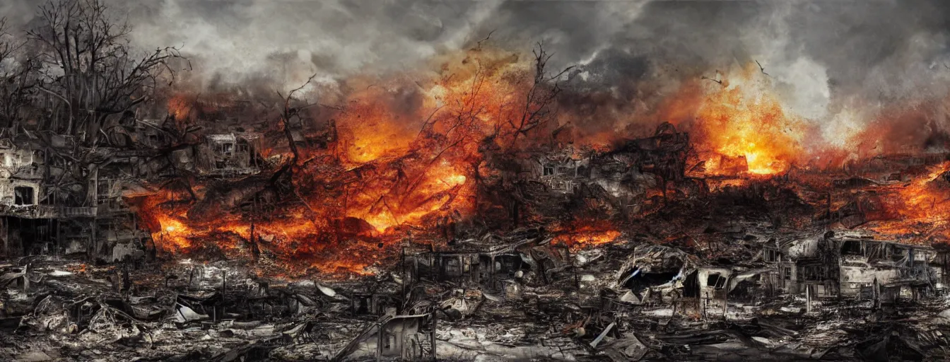 Image similar to still snapshots from moment of explosion hydrogen bomb, dust ground shockwave, apocalyptic vision, landscape in fire, waste, total destruction, detailed drawing of total devastation, collapsed houses, broken forests, burnt remains of cars and garbage, high detail, saturated colors, by james paick, render unreal engine - h 7 0 4