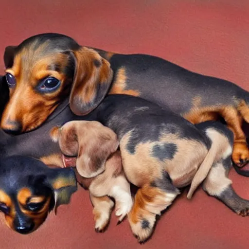 Image similar to color painting of many dachshund puppies cuddling together on the living room floor,