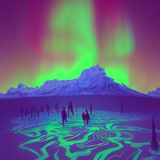 Image similar to wide wide photo of northern Lights in hell (((dynamic neon lighting)) in chromatic dmt trippy lake with glowing birds, mountains, elegant, highly detailed, sharp focus, illustration, beautiful, geometric, trending on artstation, cinematic, artwork by Tran, Ross and Aivazovsky, Ivan