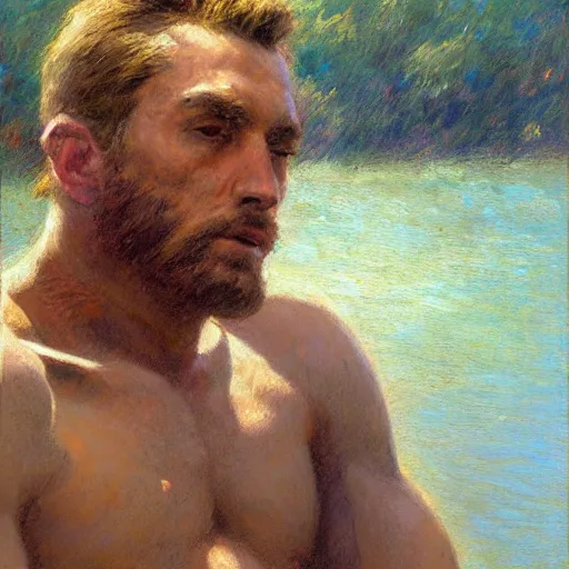 Prompt: man by the river, muscular, detailed face, correct face, painting by Gaston Bussiere, Craig Mullins