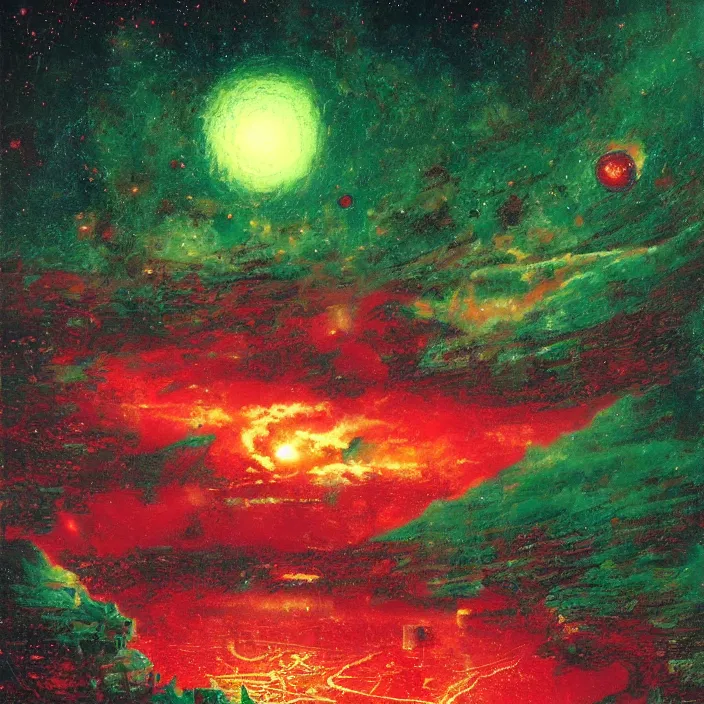 Prompt: gargantuan disappointment, red and green palette, night lights, starry sky, by ( h. r. giger ) and paul lehr