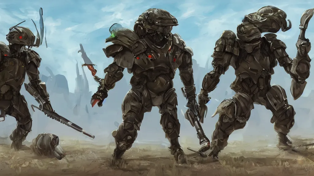 Prompt: two futuristic soldiers fighting giant bugs, concept art