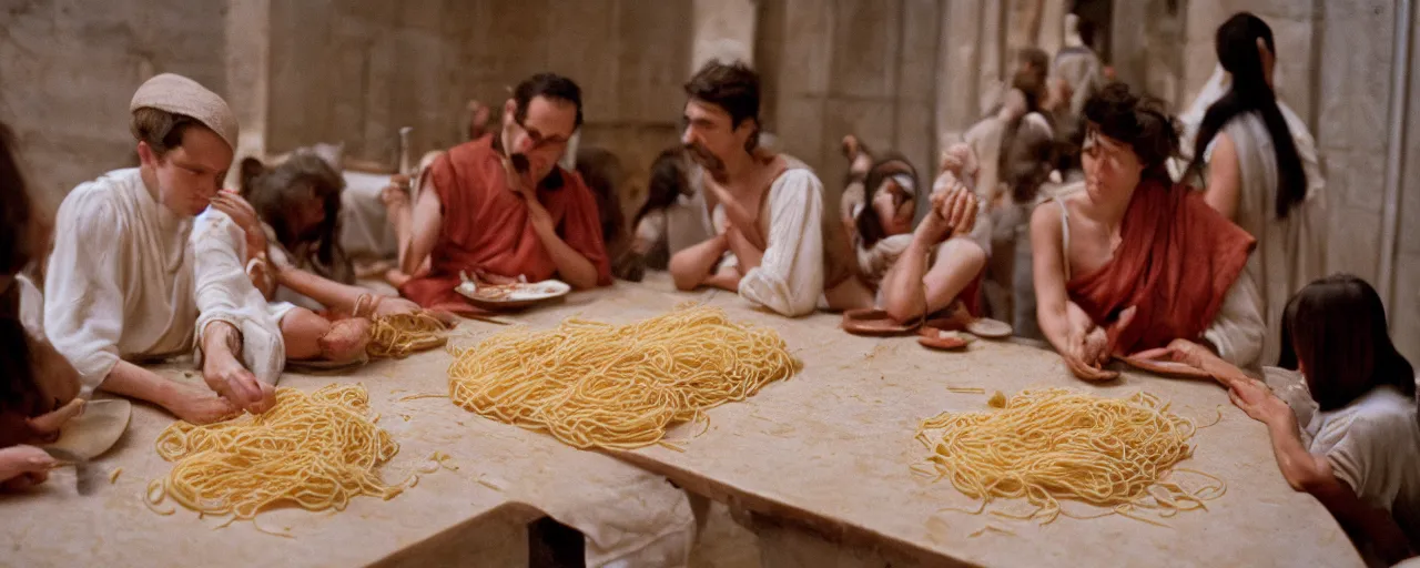 Image similar to the ancient greeks using spaghetti in geometry, canon 5 0 mm, wes anderson film, kodachrome