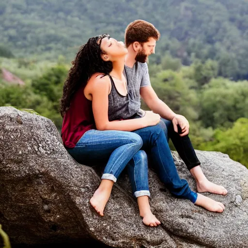 Image similar to boyfriend and girlfriend sitting together on a large square rock,