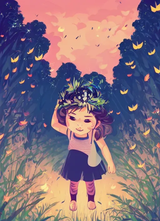 Image similar to little girl with wavy curly light brown hair chasing fireflies in the woods. wearing a flower crown. clean cel shaded vector art. shutterstock. behance hd by lois van baarle, artgerm, helen huang, by makoto shinkai and ilya kuvshinov, rossdraws, illustration, art by ilya kuvshinov