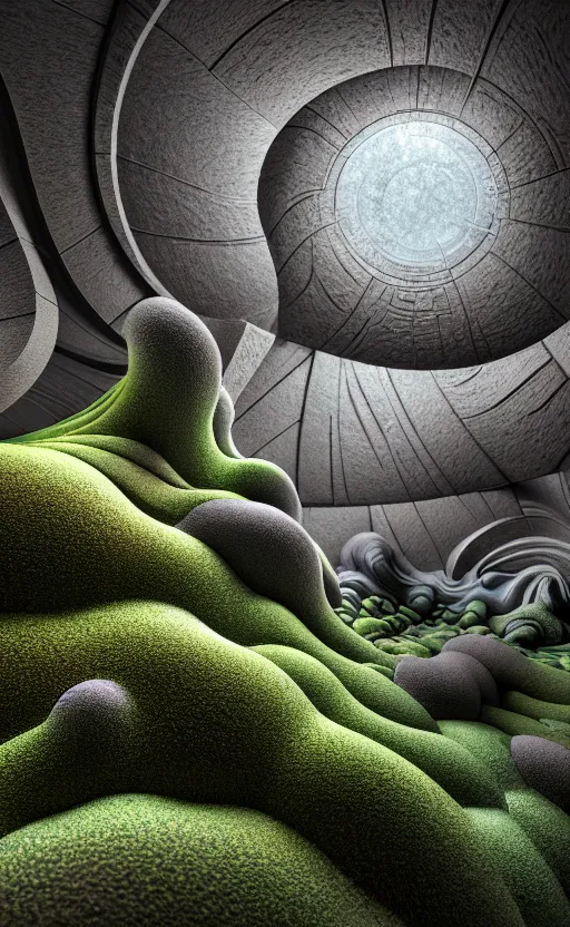 Image similar to highly detailed ultra sharp 3 d render cinematic composition of a smooth ceramic porcelain biomorphic magnolia stone nebula fluid fractal sci - fi surreal architecture landscape, granite, metallic, magnesium, marble, moss and lichen, vincent callebaut composition, mamou - mani, archviz, beautiful lighting, 8 k, unreal engine, hdr,