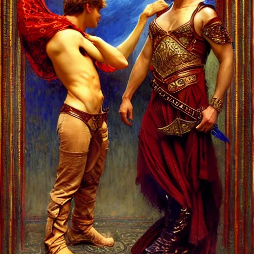 Image similar to attractive, arthur pendragon in love with attractive male, merlin the mage. highly detailed painting by gaston bussiere, craig mullins, j. c. leyendecker