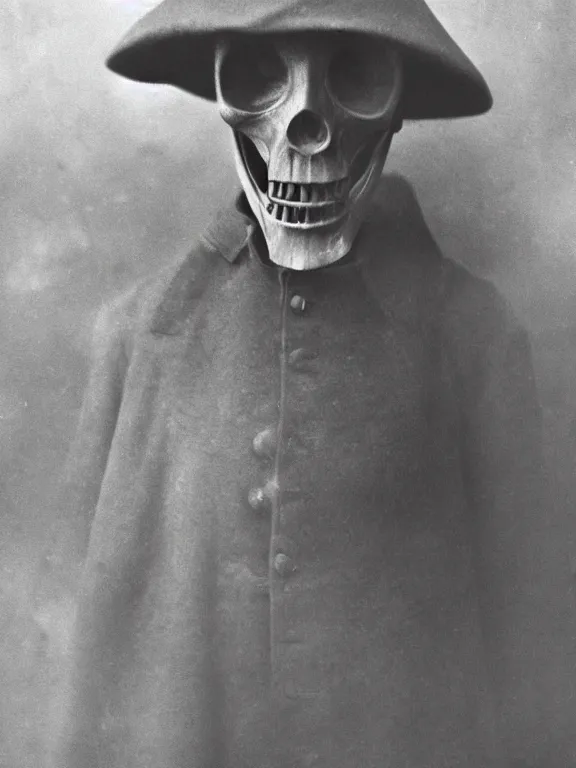 Prompt: portrait of faceless grim reaper, ww1 photo, grainy, high detail, high resolution,