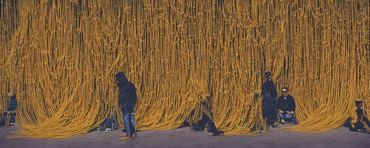 Prompt: wide angle of collection of human - like statues of made of spaghetti in an empty european plaza, canon 5 0 mm, cinematic lighting, photography, retro, film, kodachrome, closeup