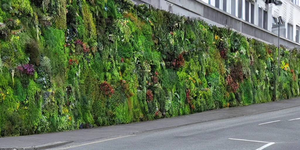 Image similar to a street in wellington, new zealand where the building walls are covered in living walls made of nz endemic plants. google street view