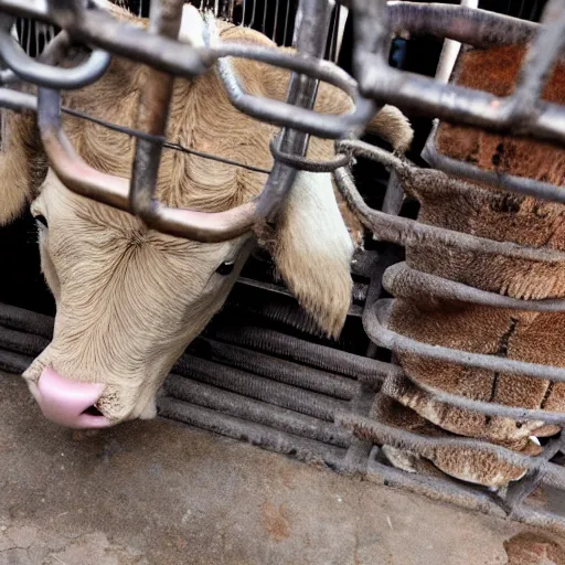 Prompt: chained calf inside a cage looking a bottle of milk