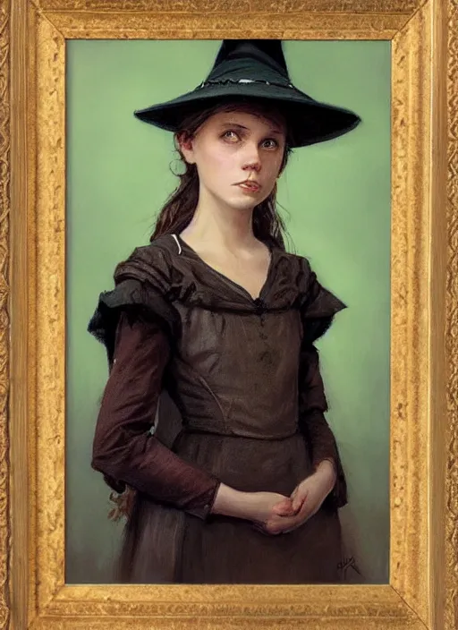 Prompt: a portrait of a thirteen year old girl with brown hair and a stern expression. she is wearing a green dress and a black pointed witch hat. beautiful painting with highly detailed face by greg rutkowski and magali villanueve