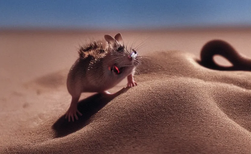 Image similar to on the dune of arrakis we see a close up of a tiny fremen desert mouse character steering a giant sandworm, blender animation, macro focus, hero shot and dramatic angles,