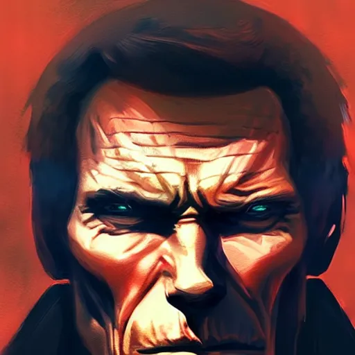 Image similar to symmetrical, close-up, portrait of Clint Eastwood as The Punisher, art by greg rutkowski, matte painting, trending on artstation