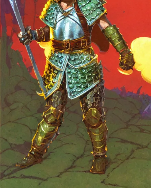 Image similar to beverly toegold the fifth, epic level dnd male halfling verdant paladin of the ancients and green teen, wielding a golden holy sword, wearing magical gleaming chainmail armor. full character concept art, realistic, high detail digital gouache painting by angus mcbride and michael whelan and jeffrey jones