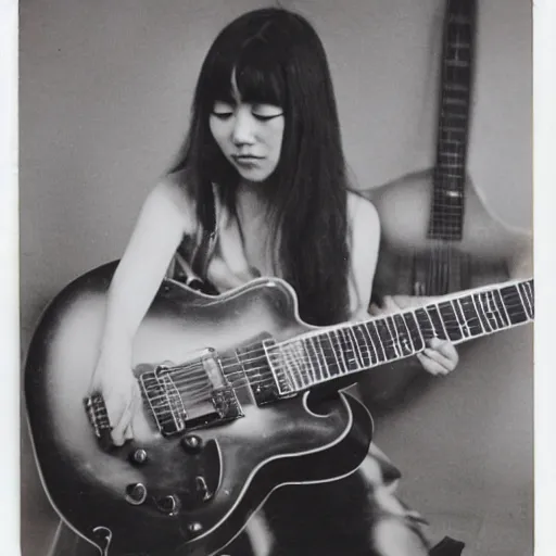 Prompt: a polaroid of a female japanese artist playing an archtop electric guitar, 1 9 7 0 s