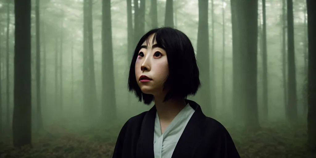 Prompt: portrait bust of haruka fukuhara, film grain, kodachrome, dense forest, long black hair, classic kimono, heavy fog, backlit, princess mononoke, 4 k, greg rutkowski, shallow depth of field, dramatic lighting, sunset, hayao miyazaki, masashi ando, nizou yamamoto, kazuo oga