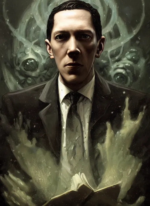 Image similar to highly detailed portrait of h p lovecraft by greg rutkowski, mike mignola, tom bagshaw artgerm and ross tran, beautiful dramatic dark moody lighting, volumetric, cinematic atmosphere, photorealism, glossy magazine painting, global illumination, deep color, 8 k resolution, high details, flickr, dslr, zbrushcentral, cgsociety, artstation