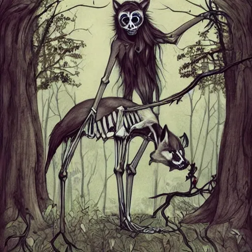 Image similar to a dream wolf eats the magical heart of a woodland faun who has her skeleton exposed, artwork by chiara bautista