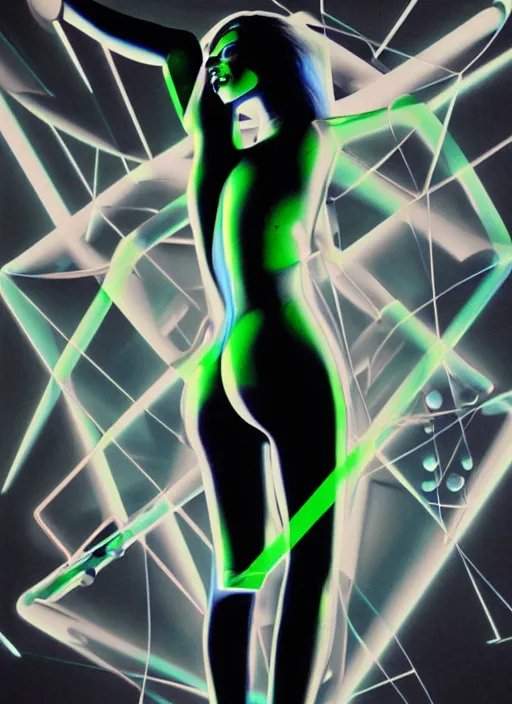 Image similar to futuristic lasers tracing, colorsmoke, laserpunk fullbodysuit, pyramid visor, raindrops, wet, oiled, beautiful cyborg girl pinup, by steven meisel, kaws, rolf armstrong, cubist perfect geometry abstract acrylic, hyperrealism photorealistic airbrush collage painting, monochrome, neon fluorescent colors, minimalist rule of thirds, eighties eros