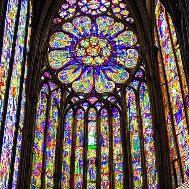 Prompt: gothic cathedral rose window megastructure depicting techo circuitry, intricate colorful masterpiece, hyper detailed, hd