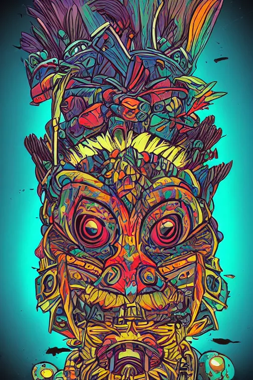 Image similar to totem animal mask tribal feather gemstone plant wood rock shaman vodoo video game vector illustration vivid multicolor borderlands comics by josan gonzales and dan mumford radiating a glowing aura