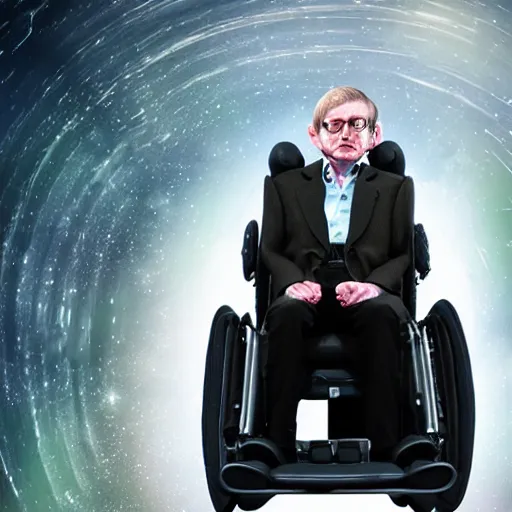 Image similar to Stephen Hawking in his wheelchair floating in almost completely dark outer space, digital art, trending on ArtStation, 3d rendered in octane, blender, epic lighting, highly detailed, smooth, Unreal Engine 5, cinematic, 8k, 4k