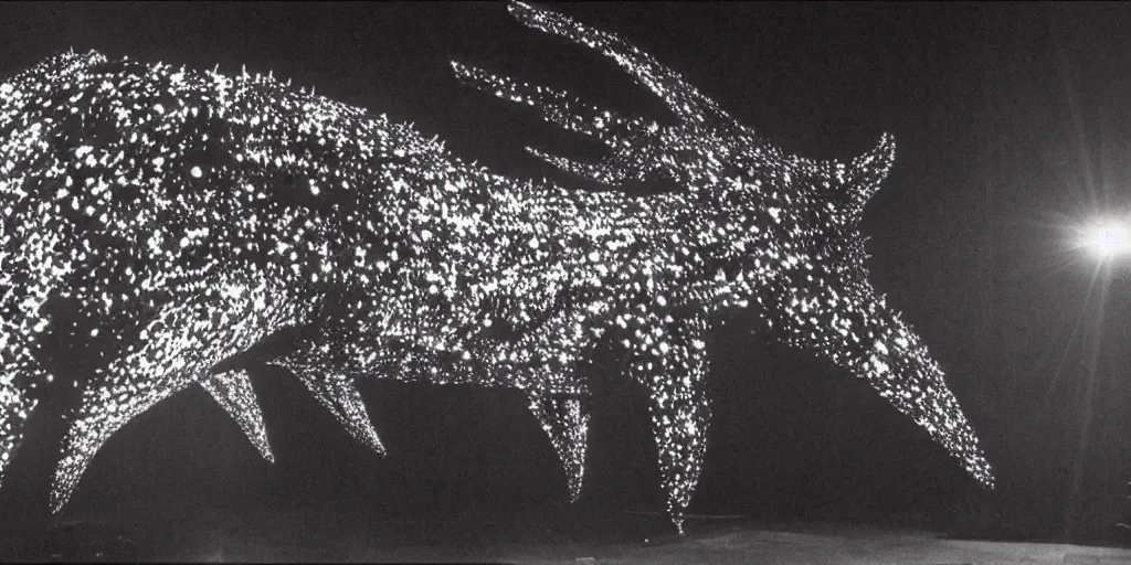 Image similar to light coming out of one bull - like kaiju starfish monster, korean film noir, korean traditional palace, pyongyang city, 1 9 6 0 s, red color bleed, 4 k, video compression, video glitch, monochrome, akira kurosawa, mamoru oshii, wes anderson, stanley kubrick