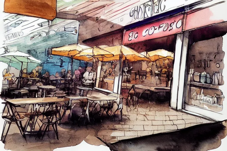 Image similar to a coffee shop watercolor pen by santiago fuentes trending on artstation