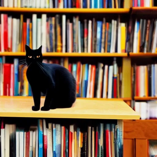 Prompt: a black cat in a library