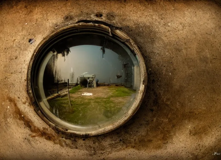 Prompt: Professional Photography, Nikon, Post apocalyptic water tank, Angle looking into the tank, dirty water