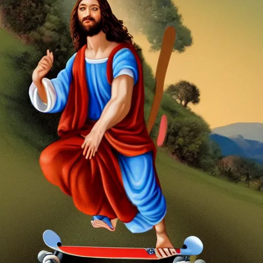 Prompt: Jesus riding a skateboard