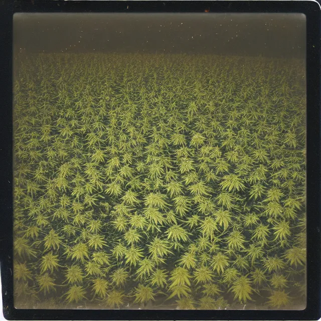 Image similar to field of cannabis on ( ( fire ) ) at night, polaroid