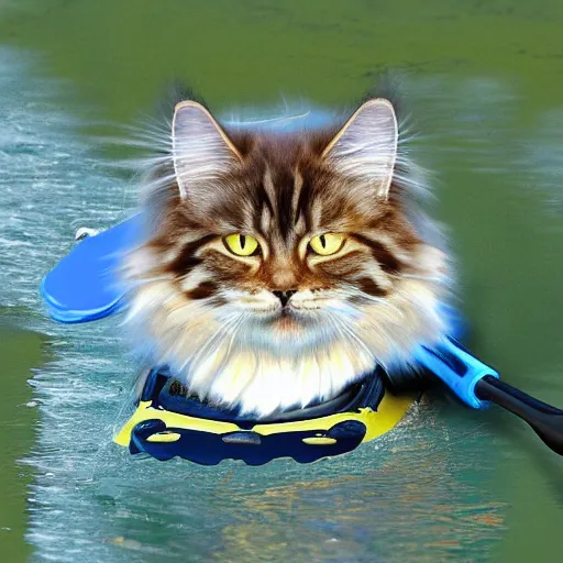 Prompt: Detailed Siberian cat kayaking in river, digital art