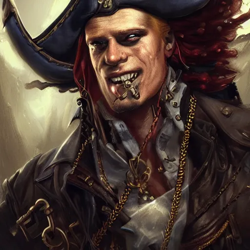 Prompt: johnny bravo steampunk pirate captain, depth, painted by seb mckinnon, high detail, digital art, painted by greg rutkowski, trending on artstation