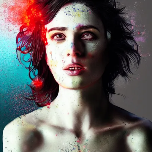 Image similar to women portrait made out of exploding paint, epic hair, octane render, highly detailed, realistic, comic book art