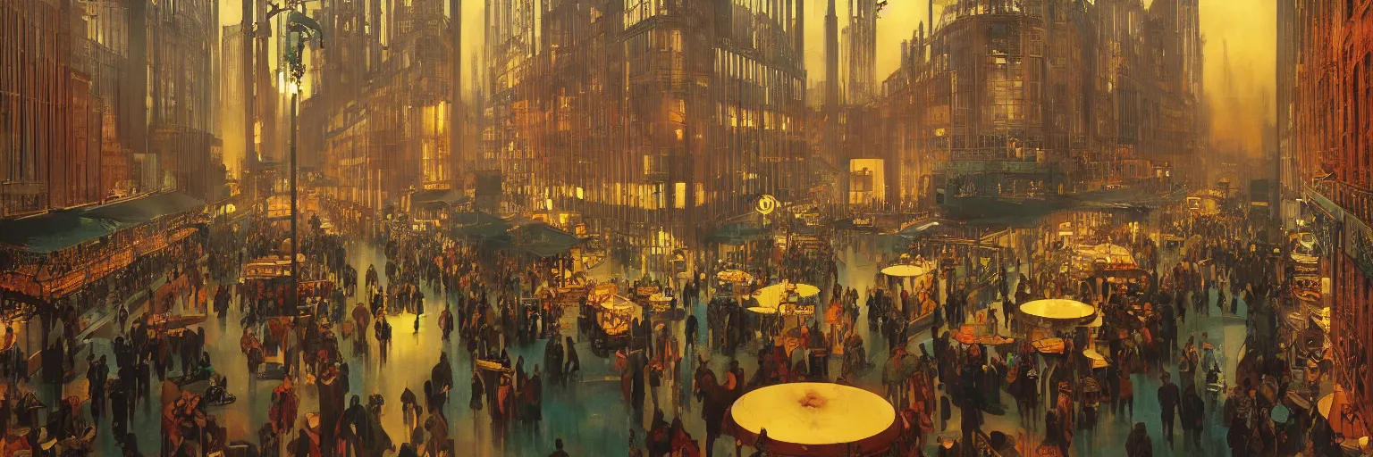 Prompt: Babylon Berlin. Night. Crowded Art deco restaurant. Berlin, late golden 1920s. Gropius. Metropolis. Mist. Highly detailed. Hyper-realistic. Cheerful. Merry mood. Warm colors. Dynamic composition. Matte painting in the style of Eddie Mendoza, Alphonse Mucha