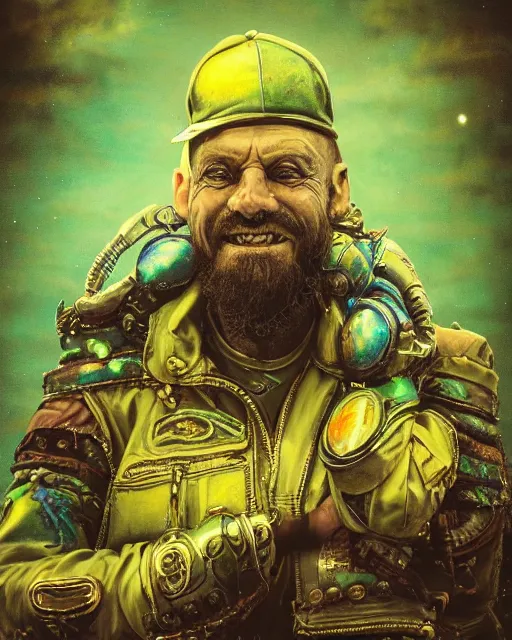 Prompt: an intimate portrait of a gnarly human sky captain, old skin, faded cap, charming, strong leader, metal eye piece, a look of cunning, big smile, detailed matte fantasy painting, golden cityscape, green, teal, velvet, fluorescent