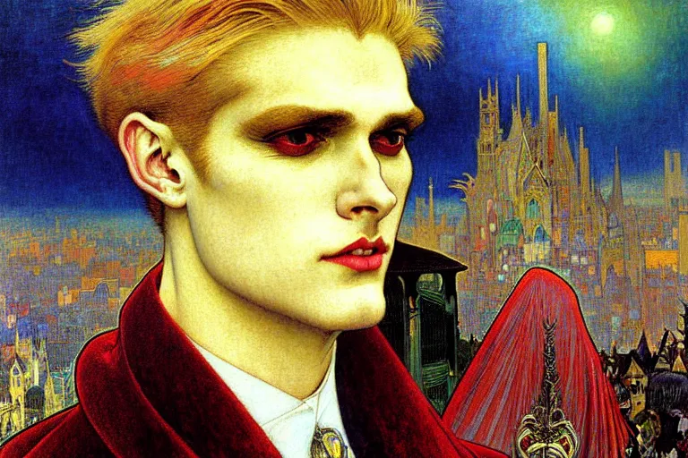 Prompt: realistic extremely detailed closeup portrait painting of an elegant blond male vampire in a cape, detailed crowded crowded city street on background by Jean Delville, Amano, Yves Tanguy, Ilya Repin, Alphonse Mucha, William Holman Hunt, Ernst Haeckel, Edward Robert Hughes, Roger Dean, rich moody colours