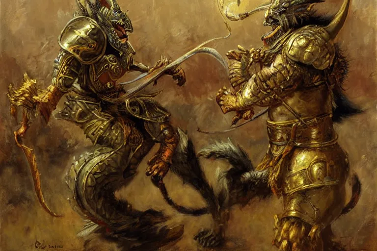 Image similar to portrait full body monkey king medieval armor fighting dragon by gaston bussiere