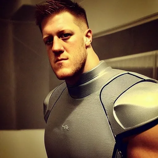 Image similar to “a realistic detailed photo of a guy who is an attractive humanoid who is half robot and half humanoid, who is a male android, football player JJ Watt, shiny skin, posing like a statue, blank stare”