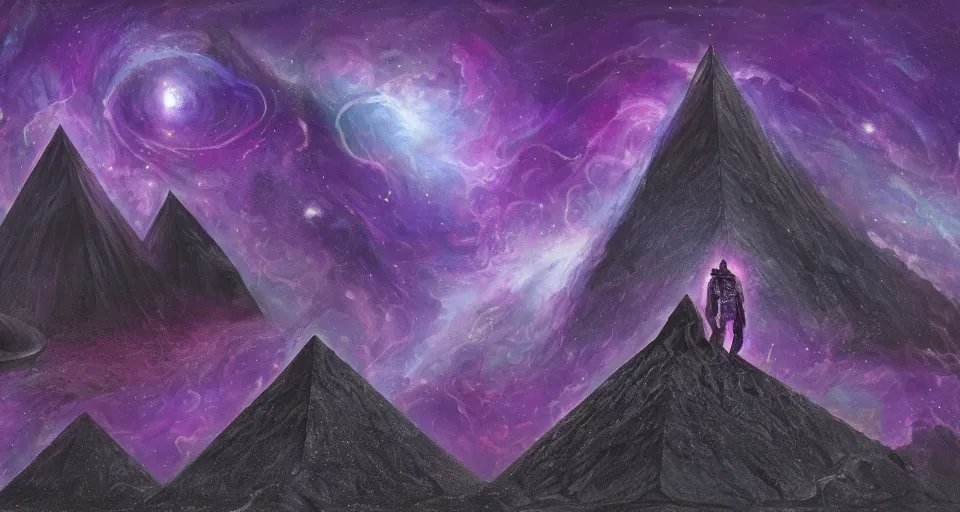 Image similar to black lovecraftian eldritch!! obsidian pyramid!! with a man standing on top of it on calm seas, cosmic purple space!, bright stars, nebula, sky background by eugene von guerard, ivan shishkin, night, cosmic brightly purple space stars, concept art, trending on artstation, 8 k