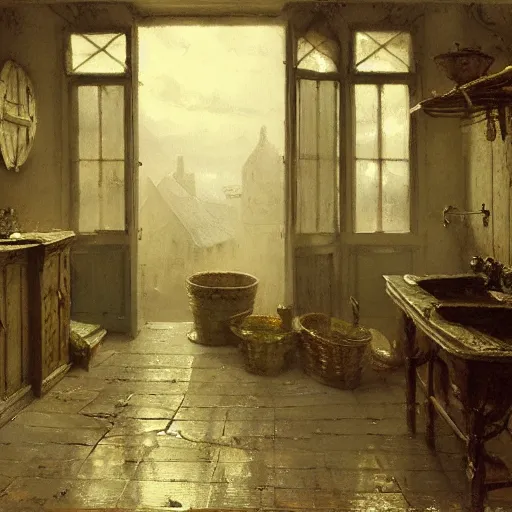 Prompt: detailed painting of a laundry room, filigree ornaments, fog, andreas achenbach,