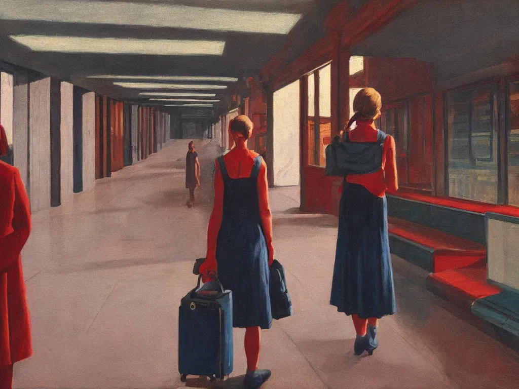 Prompt: lone girl waiting at the train station, 7 0 s, stanley kubrick the shinning, american gothic, vibrant colors americana, cinematic, volumetric lighting, ultra wide angle view, realistic, detailed painting in the style of edward hopper and rene magritte