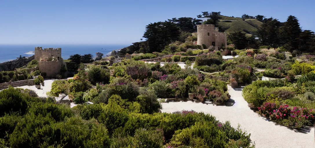 Image similar to castle designed by renzo piano overlooking big sur. landscape design by gertrude jekyll.