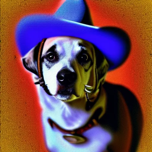 Prompt: a cute dog wearing a cowboy hat,pale colors, google deep dream