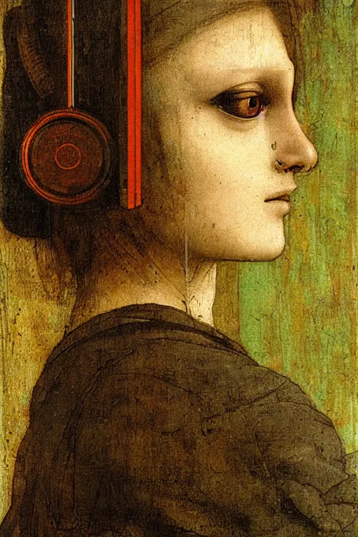 Image similar to a close - up portrait of a cyberpunk cyborg girl, by leonardo davinci, rule of thirds